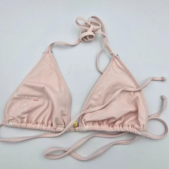 PacSun Swim Eco Pink Lace Trim Triangle Bikini Top Gold Envelope Charm Medium - Picture 3 of 6